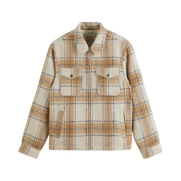NEW SCOTCH & SODA Wool Blend Zip Thru Check Overshirt white/camel for men 864tn - Picture 3 of 9